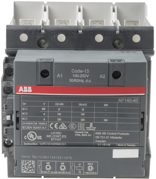 Контактор ABB AF140-40-11B-13 1SFL447102R1311, 4-полюсный, номинальный ток 200 А, мощность 75 кВт, катушка 230 В AC, 4 нормально открытых контакта, напряжение до 690 В AC