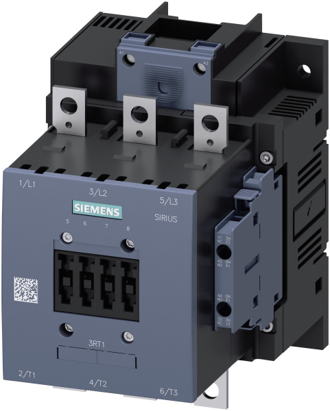 ​Контактор Siemens 3RT1055-6AP36, 3-полюсный, номинальный ток 150 А, мощность 75 кВт при 400 В AC (50-60 Гц), катушка управления 220-240 В AC/DC, дополнительные контакты 2 NO + 2 NC