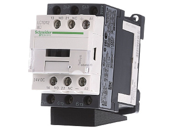 Контактор Schneider Electric LC1D12BD, 3-полюсный, номинальный ток 12 А, катушка управления 24 В DC, 1 нормально открытый и 1 нормально закрытый вспомогательный контакт, монтаж на DIN-рейку