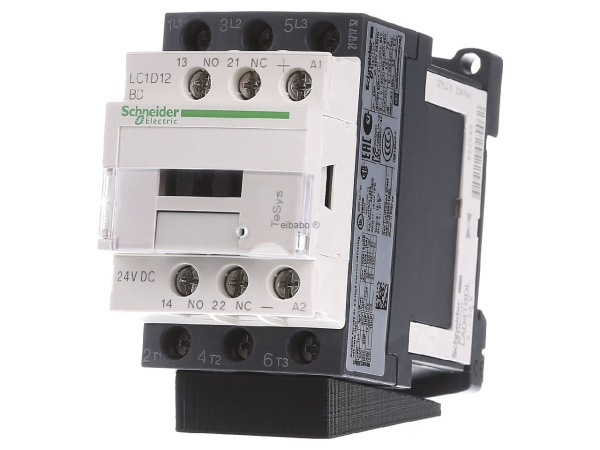 Контактор Schneider Electric LC1D12BD, 3-полюсный, номинальный ток 12 А, катушка управления 24 В DC, 1 нормально открытый и 1 нормально закрытый вспомогательный контакт, монтаж на DIN-рейку