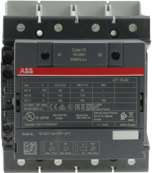 Контактор ABB AF116-40-11B-13 1SFL427102R1311, 4-полюсный, номинальный ток 160 А, мощность 55 кВт, катушка 230 В AC, 4 нормально открытых контакта, напряжение до 690 В AC.