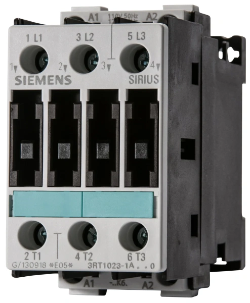 ​Контактор Siemens 3RT1023-1AF00, 3-полюсный, номинальный ток 10 А, напряжение катушки 110 В AC, вспомогательные контакты 1 NO + 1 NC, винтовые клеммы, размер S0