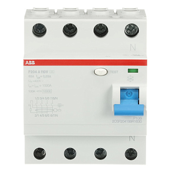 УЗО ABB F204 A-63/0.03 110V 2CSF204199R1630, 63 А, 4 полюса, тип A, 30 мА, 110 В