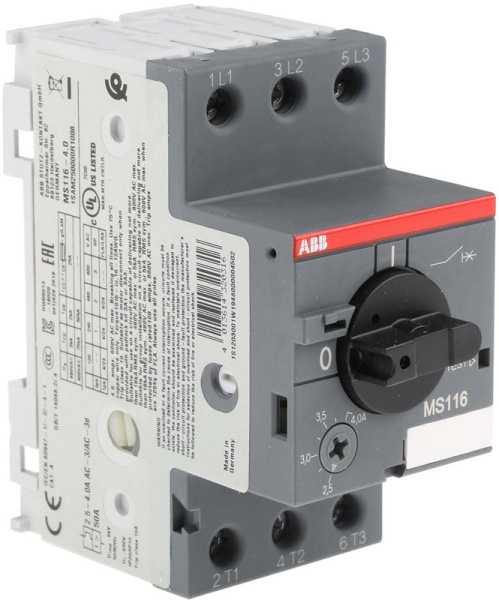 Автоматический выключатель для защиты двигателя ABB MS116-4.0 1SAM250000R1008, 4 A, 690 V