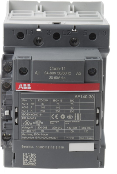Контактор ABB AF140-30-11-11 1SFL447001R1111, 3-полюсный, номинальный ток 200 А, мощность 75 кВт, катушка 24 В AC/DC, 3 нормально открытых контакта, напряжение до 690 В AC.
