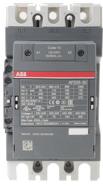 Контактор ABB AF190-30-11-11 1SFL487002R1111, 3-полюсный, номинальный ток 275 А, мощность 90 кВт, катушка 24 В AC/DC, 3 нормально открытых контакта, напряжение до 690 В AC.
