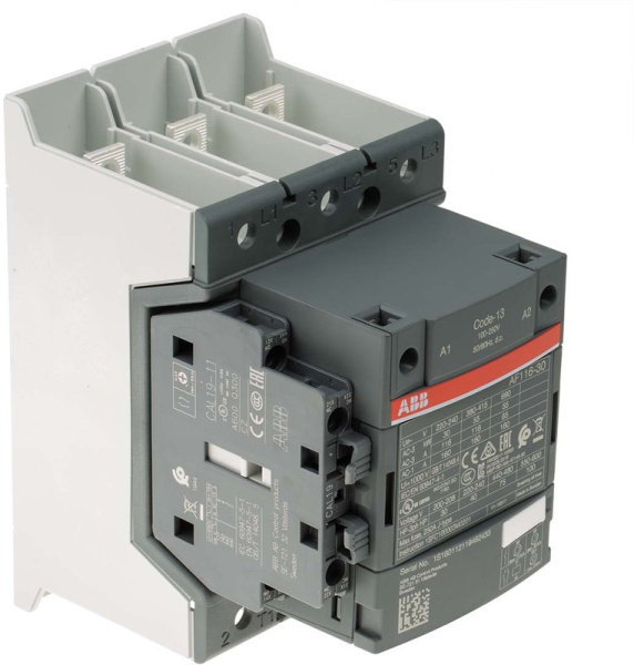 Контактор ABB AF116-30-11B-13 1SFL427002R1311, 3-полюсный, номинальный ток 160 А, мощность 55 кВт, катушка 230 В AC, 3 нормально открытых контакта, напряжение до 690 В AC.