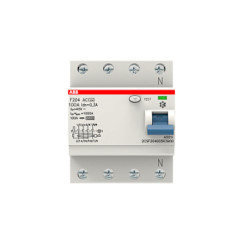 УЗО ABB F204 AC-100/0.3 2CSF204001R3900, 100 А, 4 полюса, тип AC, 300 мА