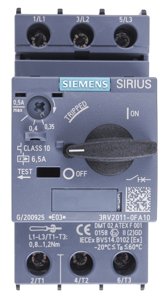 Автоматический выключатель двигателя Siemens 3RV2011-0FA10, S00, 0.35-0.5 А, 690 В, SIRIUS