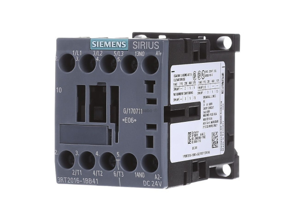 Контактор Siemens 3RT2016-1BB41, 3-полюсный, номинальный ток 9 А, мощность 4 кВт при 400 В AC (50–60 Гц), катушка управления 24 В DC, 1 NO, винтовые клеммы