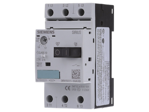 Автоматический выключатель двигателя Siemens 3RV1011-1AA10, размер S00, тепловой расцепитель 1,1–1,6 А, электромагнитный расцепитель 21 А, винтовые клеммы