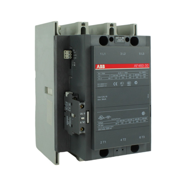 Контактор ABB AF460-30-11 1SFL597001R7011, 3-полюсный, номинальный ток 460 А (700 А AC1), мощность 250 кВт, катушка 100–250 В AC/DC, вспомогательные контакты 1NO+1NC.