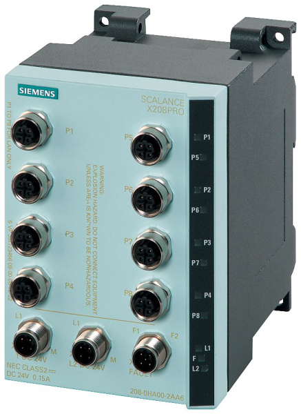 Промышленный коммутатор Siemens SCALANCE X208PRO 6GK5208-0HA10-2AA6, управляемый, 8 портов 10/100 Мбит/с M12, степень защиты IP65/67