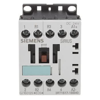Контактор Siemens 3RT1517-1BB40, 4-полюсный, 22 А, 5,5 кВт при 400 В, катушка управления 24 В DC, 2 НО + 2 НЗ контакта, типоразмер S00, винтовые клеммы