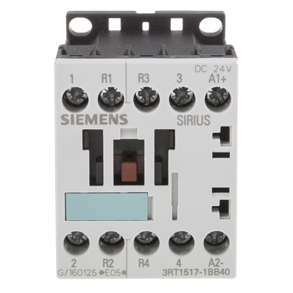 Контактор Siemens 3RT1517-1BB40, 4-полюсный, 22 А, 5,5 кВт при 400 В, катушка управления 24 В DC, 2 НО + 2 НЗ контакта, типоразмер S00, винтовые клеммы