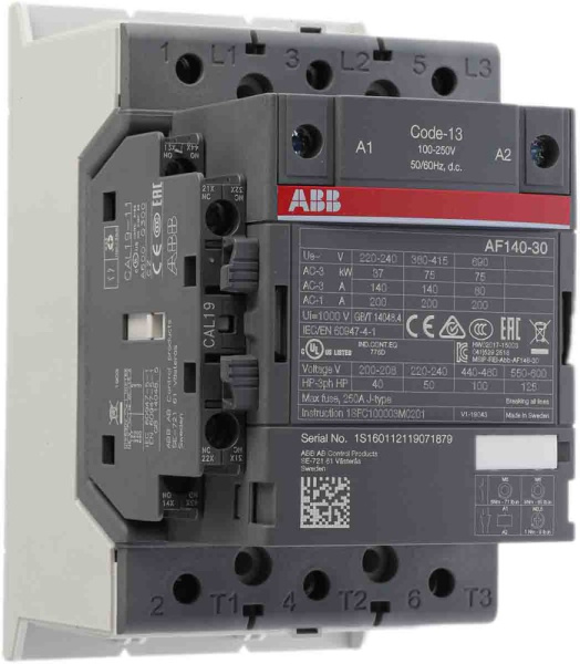 Контактор ABB AF140-30-11-13 1SFL447001R1311, 3-полюсный, номинальный ток 200 А, мощность 75 кВт, катушка 230 В AC, 3 нормально открытых контакта, напряжение до 690 В AC.