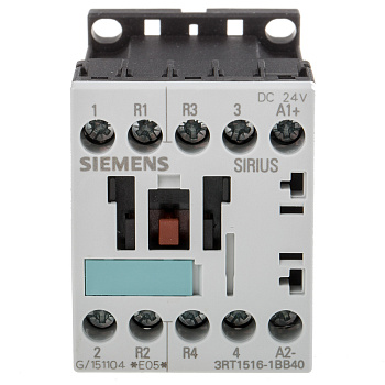 Контактор Siemens 3RT1516-1BB40, 3-полюсный, 9 А, 4 кВт при 400 В, катушка управления 24 В DC, 1 НО контакт, типоразмер S00, винтовые клеммы