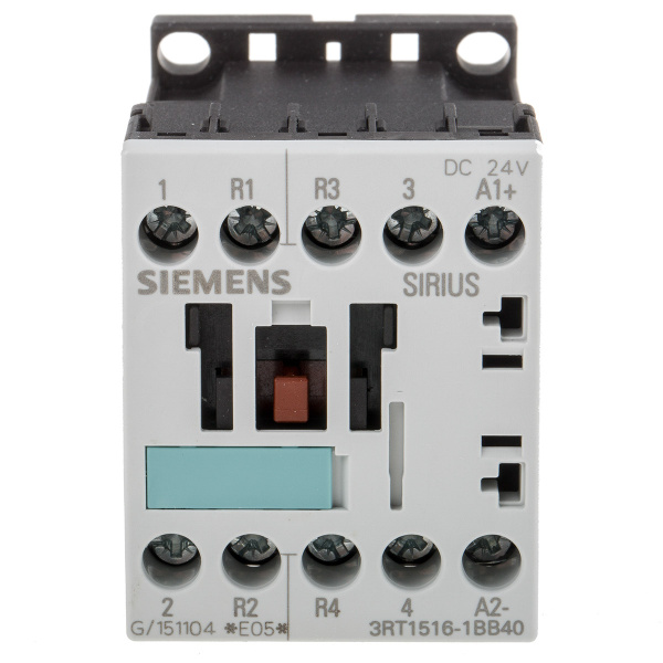 Контактор Siemens 3RT1516-1BB40, 3-полюсный, 9 А, 4 кВт при 400 В, катушка управления 24 В DC, 1 НО контакт, типоразмер S00, винтовые клеммы