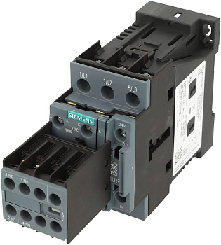 Контактор Siemens 3RT2025-1BB44, 3-полюсный, номинальный ток 17 А, мощность 7,5 кВт при 400 В AC (50–60 Гц), катушка управления 24 В DC, дополнительные контакты 2 NO + 2 NC