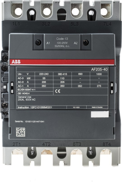 Контактор ABB AF205-40-11-13 1SFL527102R1311, 4-полюсный, номинальный ток 350 А, мощность 110 кВт, катушка 230 В AC, 4 нормально открытых контакта, напряжение до 1 кВ.