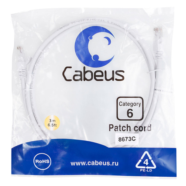 Кабель Cabeus PC-UTP-RJ45-CAT.6-3M-WH-LSZH