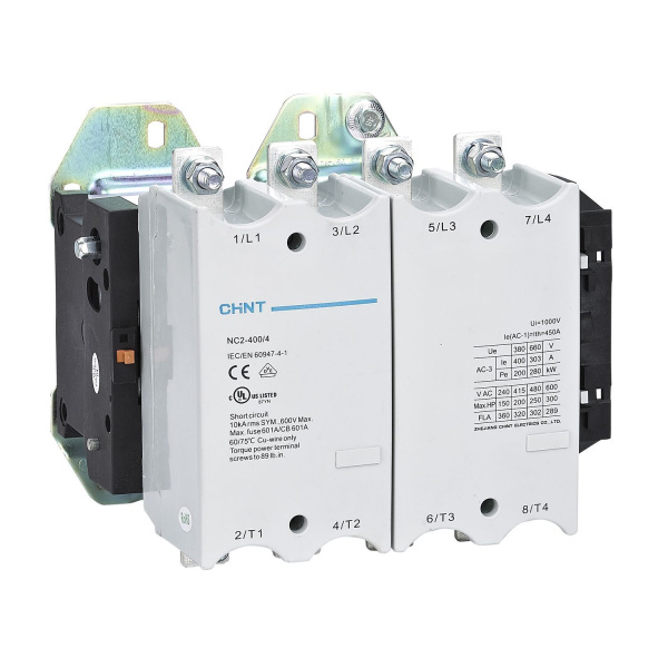 Контактор CHINT NC2-400, 3-полюсный, 400 А, катушка 220 В AC, номинальное напряжение 690 В, частота 50/60 Гц, степень защиты IP00, монтаж на DIN-рейку
