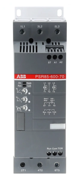 Устройство плавного пуска ABB PSR85-600-70 1SFA896114R7000, номинальный ток 85 А, напряжение 208–600 В AC, мощность 45 кВт при 400 В, управляющее напряжение 100–240 В AC 50/60 Гц