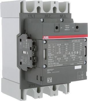 Контактор ABB AF265-30-11-13, 3-полюсный, номинальный ток 265 А, мощность 160 кВт, катушка 250 В AC/DC, напряжение до 1 кВ, установка на DIN-рейку.