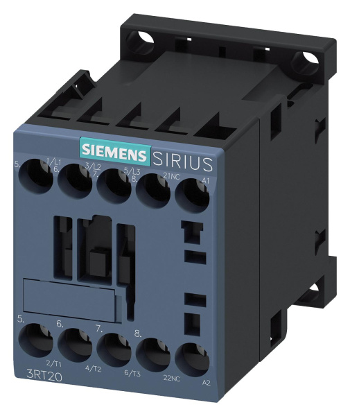 Контактор Siemens 3RT2015-1BB41, 3-полюсный, номинальный ток 7 А, мощность 3 кВт при 400 В AC (50–60 Гц), катушка управления 24 В DC, дополнительные контакты 1 NO, винтовые клеммы