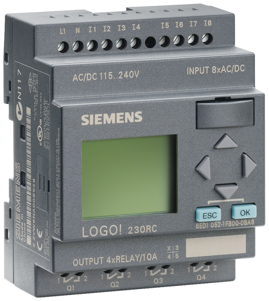 Логический модуль Siemens LOGO! 230 RC, 6ED1052-1FB00-0BA6, 8 дискретных входов, 4 релейных выхода, питание 115/230 В AC/DC, дисплей, память на 200 блоков, модульная расширяемость