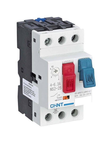 ​Автоматический выключатель для защиты двигателя Chint NS2-25, 13–18 А, 3 полюса, номинальное напряжение до 690 В, отключающая способность 15 кА, степень защиты IP20