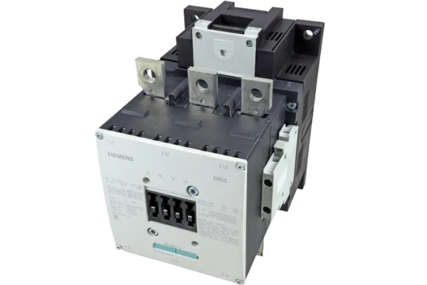 Контактор Siemens 3RT1065-6AP36, 3-полюсный, номинальный ток 265 А, мощность 132 кВт при 400 В, напряжение катушки управления 220–240 В AC/DC, вспомогательные контакты 2NO+2NC, винтовые клеммы, размер S10