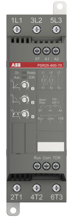 Устройство плавного пуска ABB PSR25-600-70, номинальный ток 25 А, напряжение 208–600 В AC, напряжение управления 100–240 В AC, мощность 11 кВт при 400 В, встроенный байпас, степень защиты IP20
